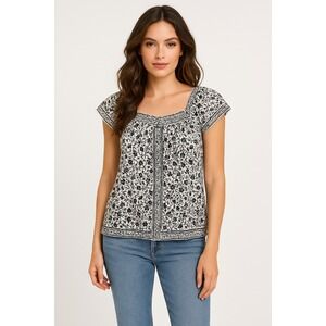 Max Studio Top Womens S Black White Floral Boho Chic Cottagecore Flowy‎ Classic